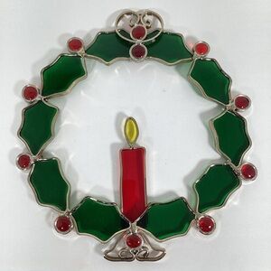 Vtg Stained Glass 10” Christmas Holly Wreath Candle Heavy Lead Suncatcher
